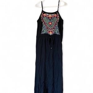 Magic Black Maxi Dress with Colorful Embroidered Front